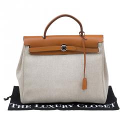 Pre Owned Hermes Tan/Beige Leather and Canvas Herbag 2 in 1