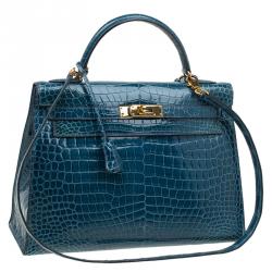Pre Owned Hermes Blue Marine Porosus Crocodile Gold Hardware Kelly Sellier 32 Bag