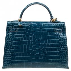 Pre Owned Hermes Blue Marine Porosus Crocodile Gold Hardware Kelly Sellier 32 Bag