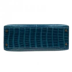 Pre Owned Hermes Blue Marine Porosus Crocodile Gold Hardware Kelly Sellier 32 Bag