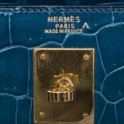 Pre Owned Hermes Blue Marine Porosus Crocodile Gold Hardware Kelly Sellier 32 Bag