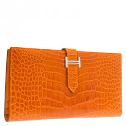 Pre Owned Hermes Orange Alligator Bearn Gusset Wallet