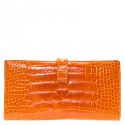 Pre Owned Hermes Orange Alligator Bearn Gusset Wallet
