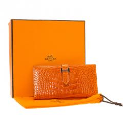 Pre Owned Hermes Orange Alligator Bearn Gusset Wallet