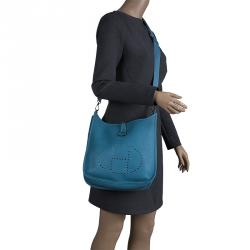 Pre Owned Hermes Blue Jean Clemence Leather Evelyne III PM Bag