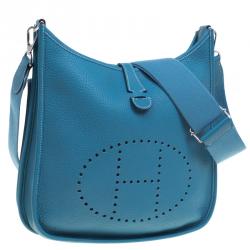 Pre Owned Hermes Blue Jean Clemence Leather Evelyne III PM Bag