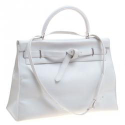 Pre Owned Hermes White Swift Leather Palladium Plated Kelly Flat 35 Bag