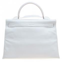 Pre Owned Hermes White Swift Leather Palladium Plated Kelly Flat 35 Bag