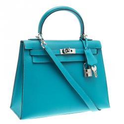 Pre Owned Hermes Blue Paon Chevre de Coromandel Leather Palladium Hardware Kelly Sellier 25 Bag
