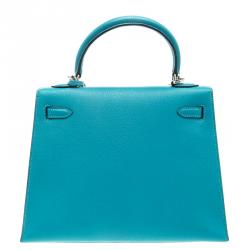 Pre Owned Hermes Blue Paon Chevre de Coromandel Leather Palladium Hardware Kelly Sellier 25 Bag