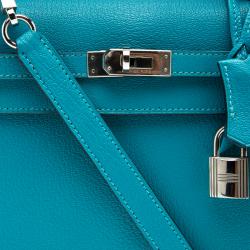 Pre Owned Hermes Blue Paon Chevre de Coromandel Leather Palladium Hardware Kelly Sellier 25 Bag