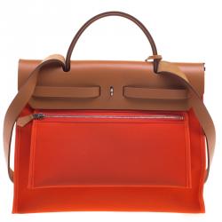 Pre Owned Hermes Brown/Capucines Leather and Fabric Herbag Zip 31 Bag