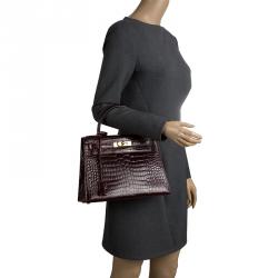 Pre Owned Hermes Dark Marron Crocodile Gold Hardware Kelly Sellier 28 Bag

