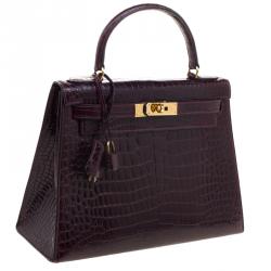 Pre Owned Hermes Dark Marron Crocodile Gold Hardware Kelly Sellier 28 Bag
