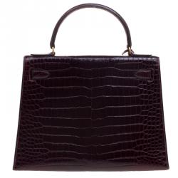 Pre Owned Hermes Dark Marron Crocodile Gold Hardware Kelly Sellier 28 Bag
