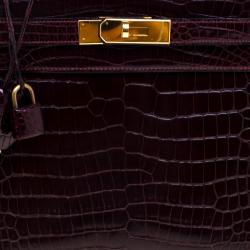 Pre Owned Hermes Dark Marron Crocodile Gold Hardware Kelly Sellier 28 Bag
