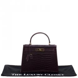 Pre Owned Hermes Dark Marron Crocodile Gold Hardware Kelly Sellier 28 Bag
