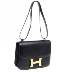 Pre Owned Hermes Black Box Calf Leather Gold Hardware Constance 23 Bag