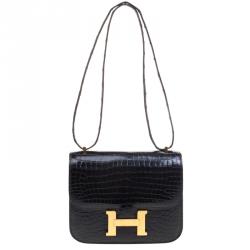 Pre Owned Hermes Black Porosus Crocodile Mini Gold Hardware Constance Bag