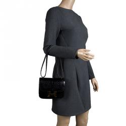 Pre Owned Hermes Black Porosus Crocodile Mini Gold Hardware Constance Bag