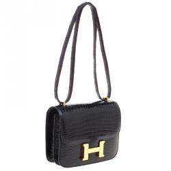Pre Owned Hermes Black Porosus Crocodile Mini Gold Hardware Constance Bag