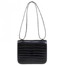 Pre Owned Hermes Black Porosus Crocodile Mini Gold Hardware Constance Bag