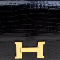 Pre Owned Hermes Black Porosus Crocodile Mini Gold Hardware Constance Bag