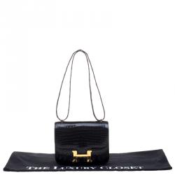 Pre Owned Hermes Black Porosus Crocodile Mini Gold Hardware Constance Bag