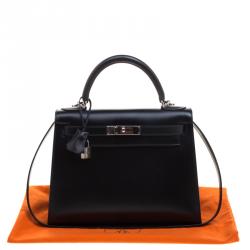 Pre Owned Hermes Black Box Calf Leather Palladium Hardware Kelly Sellier 28 Bag