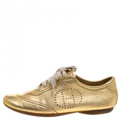 Hermes Gold Metallic Leather Pewter Perforated H Lace Up Sneakers Size 38