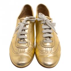 Hermes Gold Metallic Leather Pewter Perforated H Lace Up Sneakers Size 38