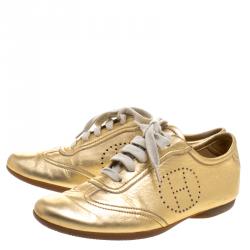 Hermes Gold Metallic Leather Pewter Perforated H Lace Up Sneakers Size 38