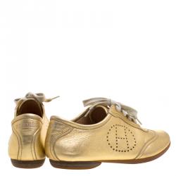 Hermes Gold Metallic Leather Pewter Perforated H Lace Up Sneakers Size 38