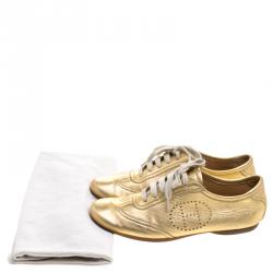 Hermes Gold Metallic Leather Pewter Perforated H Lace Up Sneakers Size 38