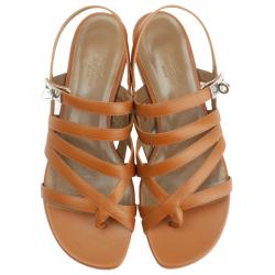 Pre Owned Hermes Brown Leather Marine Strappy Flat Sandals Size 39