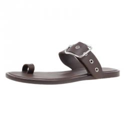 Pre Owned Hermes Brown Leather Toe Ring Buckle Sandals Size 37