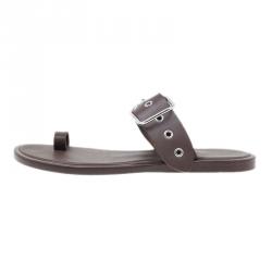 Pre Owned Hermes Brown Leather Toe Ring Buckle Sandals Size 37