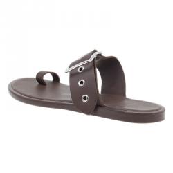 Pre Owned Hermes Brown Leather Toe Ring Buckle Sandals Size 37