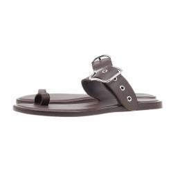 Pre Owned Hermes Brown Leather Toe Ring Buckle Sandals Size 37