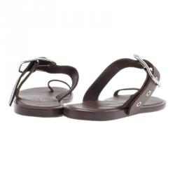 Pre Owned Hermes Brown Leather Toe Ring Buckle Sandals Size 37
