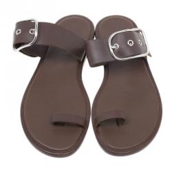 Pre Owned Hermes Brown Leather Toe Ring Buckle Sandals Size 37