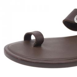 Pre Owned Hermes Brown Leather Toe Ring Buckle Sandals Size 37