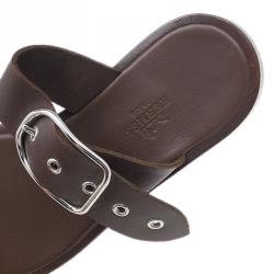 Pre Owned Hermes Brown Leather Toe Ring Buckle Sandals Size 37