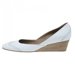 Pre Owned Hermes White Brogue Leather Wedge Pumps Size 39