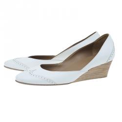 Pre Owned Hermes White Brogue Leather Wedge Pumps Size 39
