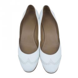 Pre Owned Hermes White Brogue Leather Wedge Pumps Size 39