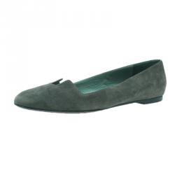 Pre Owned Hermes Olive Green Suede Ballet Flats Size 39