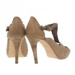 Pre Owned Hermes Brown Leather Braided T-Strap Cutout Pumps Size 36