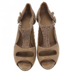 Pre Owned Hermes Brown Leather Braided T-Strap Cutout Pumps Size 36