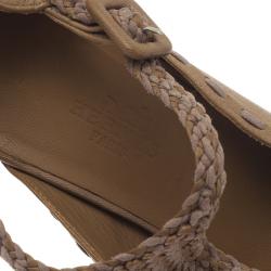 Pre Owned Hermes Brown Leather Braided T-Strap Cutout Pumps Size 36
